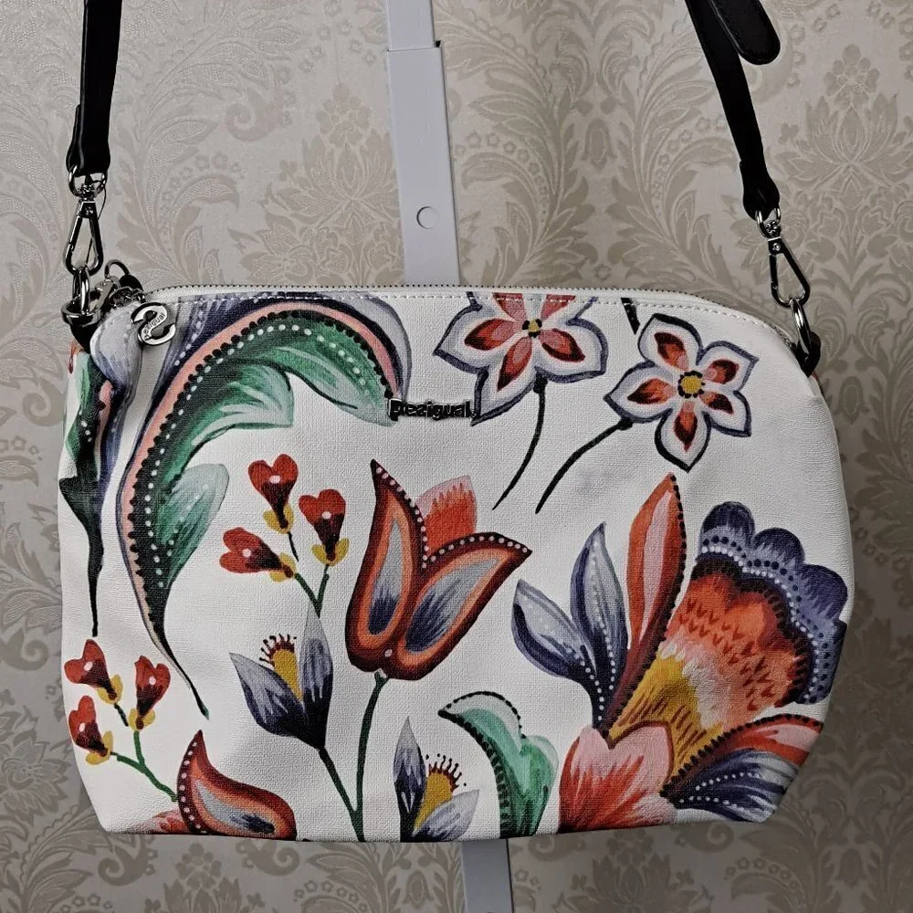 Desigual Floral Pattern Crossbody Pouch Wristlet Zip Top White Orange Grn NWOT